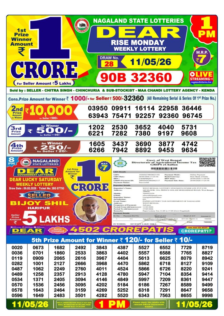 Lottery Sambad West Bengal 1PM Result 11-05-2026