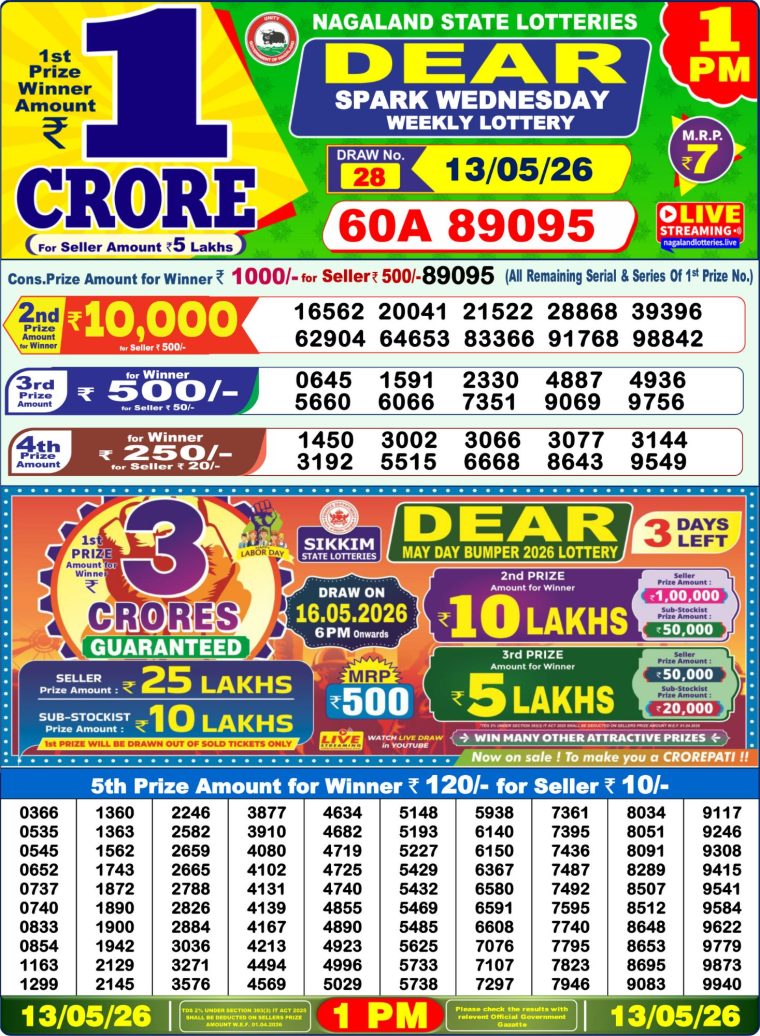 Lottery Sambad West Bengal 1PM Result 13-05-2026