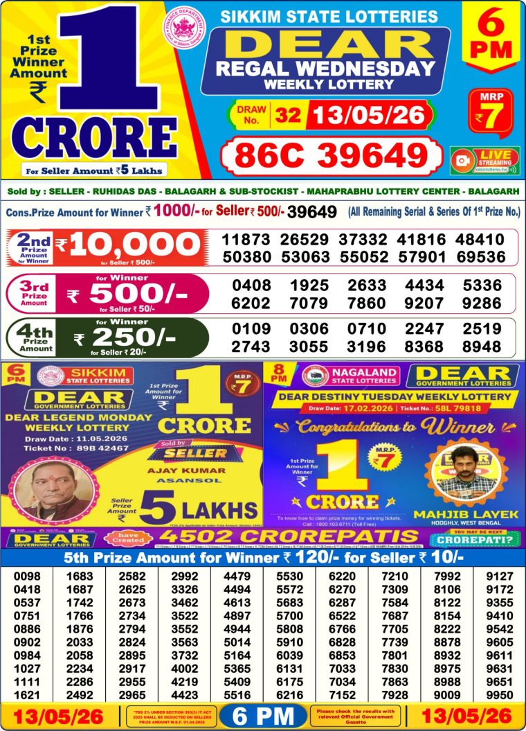 Lottery Result West Bengal 6PM 13-05-2026