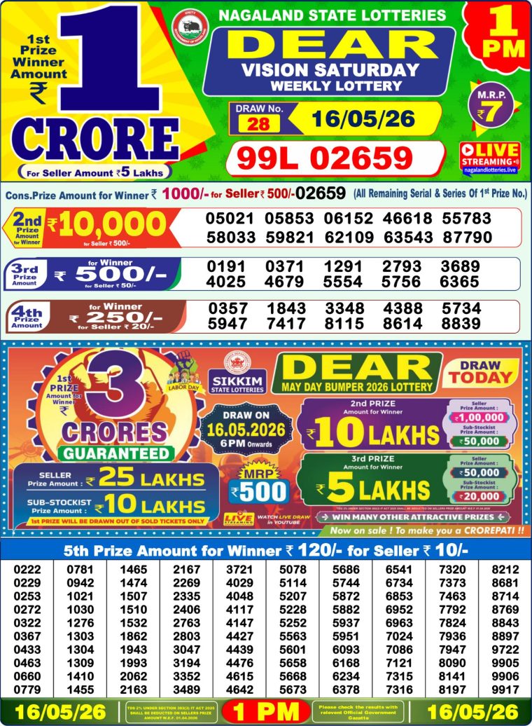 Lottery Sambad West Bengal 1PM Result 16-05-2026