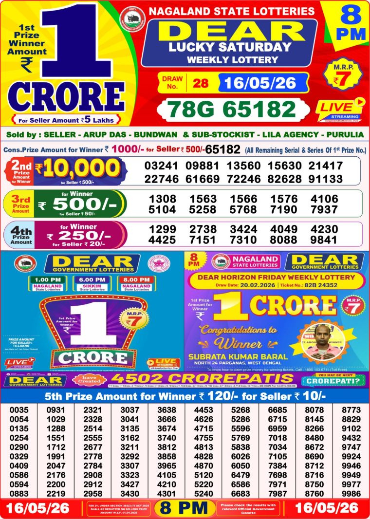 West Bengal Dear Lottery Result 8PM 16-05-2026