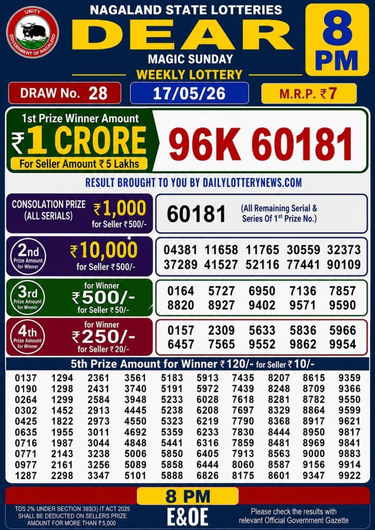 West Bengal Dear Lottery Result 8PM 17-05-2026
