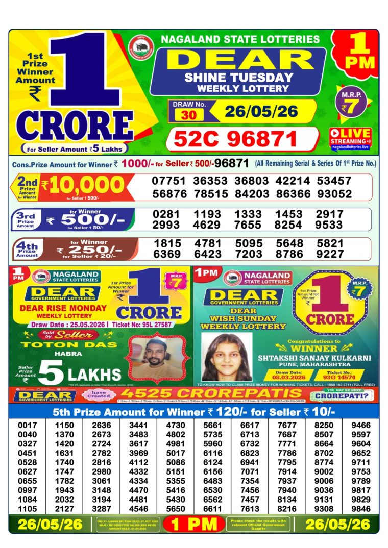 Lottery Sambad West Bengal 1PM Result 26-05-2026
