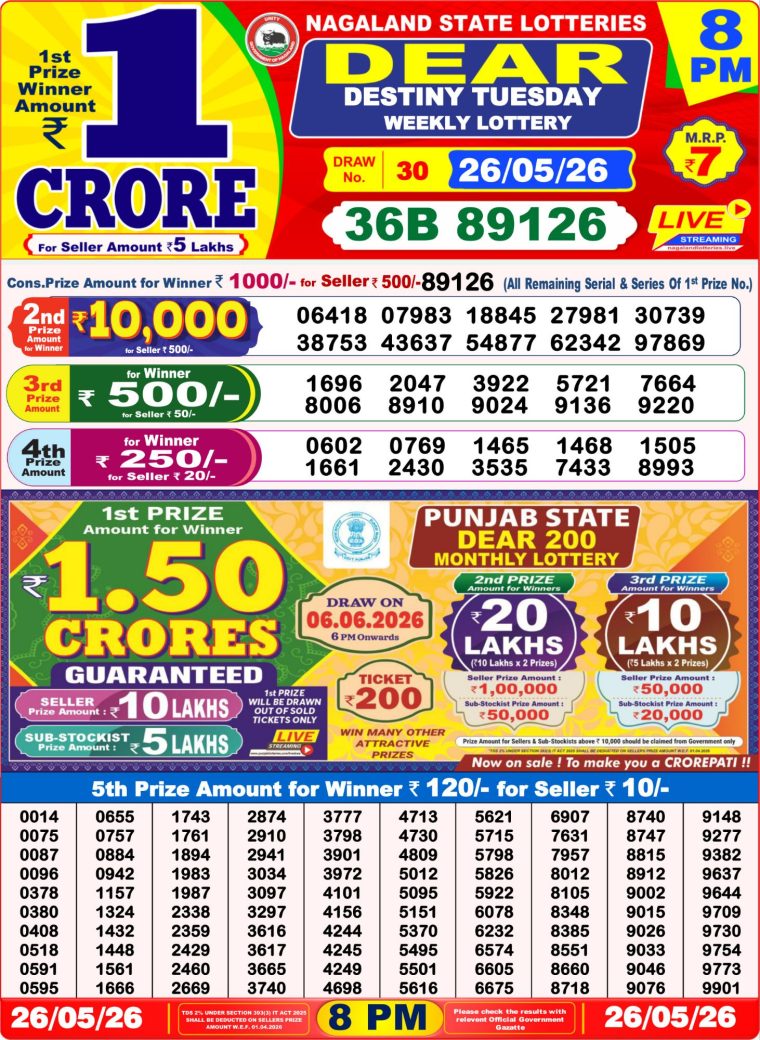 West Bengal Dear Lottery Result 8PM 26-05-2026