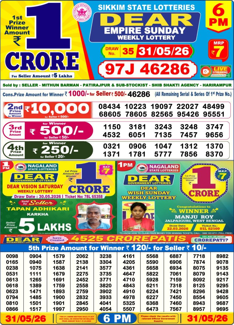Lottery Result West Bengal 6PM 31-05-2026
