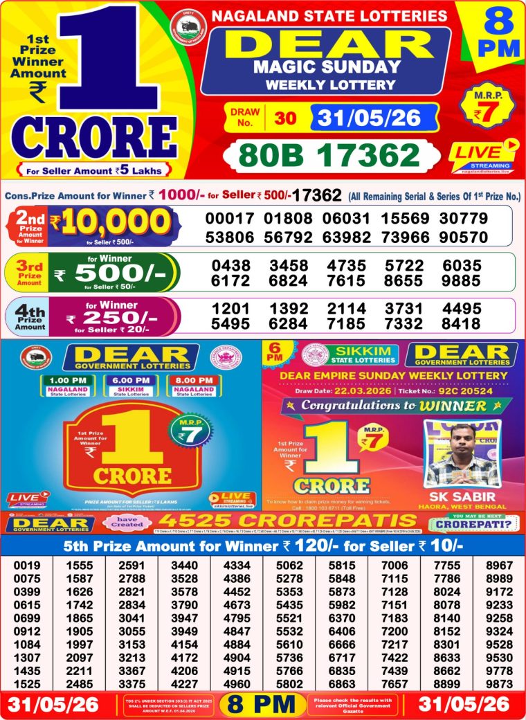West Bengal Dear Lottery Result 8PM 31-05-2026