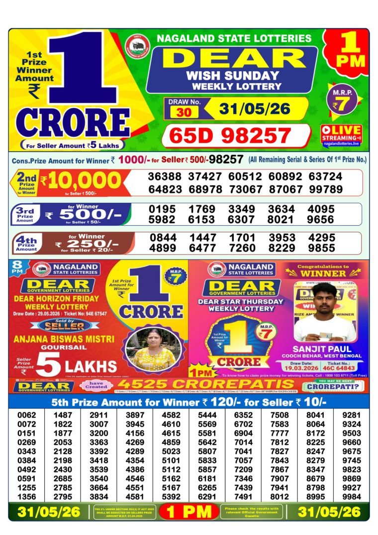 Lottery Sambad West Bengal 1PM Result 31-05-2026