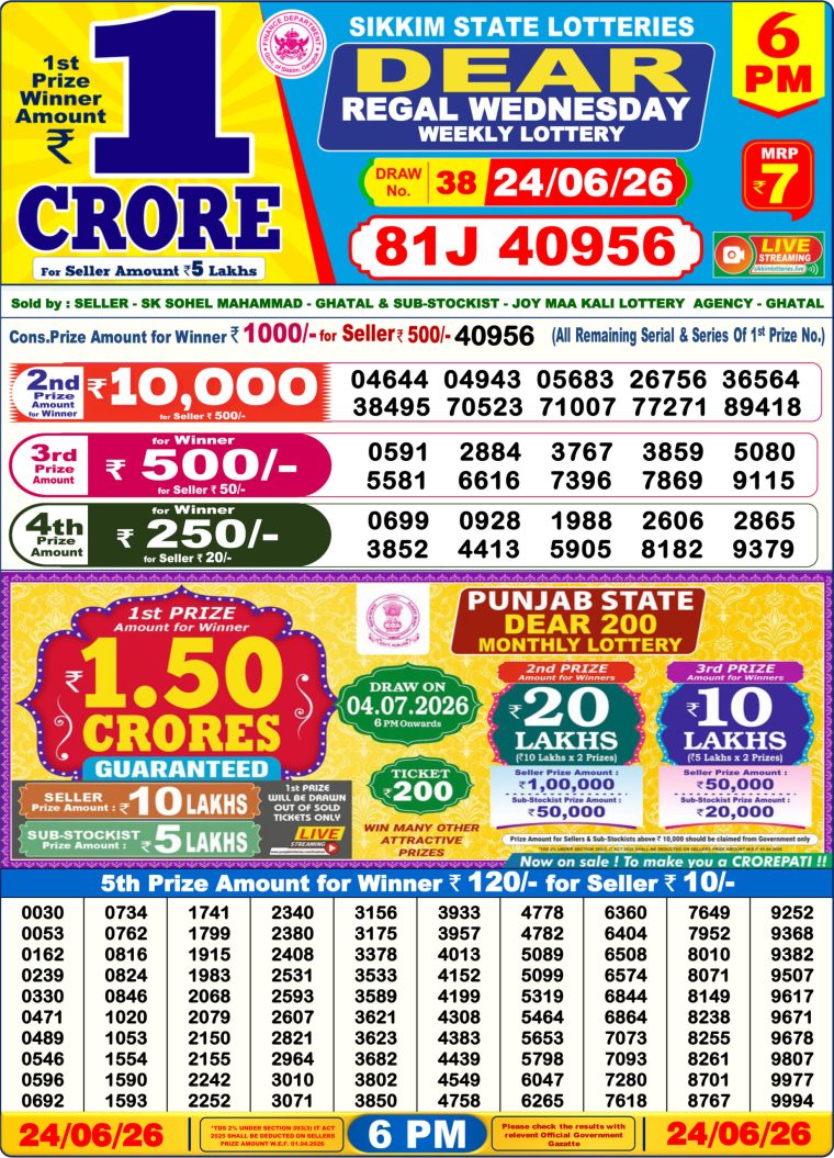 Lottery Result West Bengal 6PM 24-06-2026