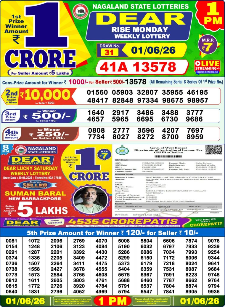 Lottery Sambad West Bengal 1PM Result 01-06-2026