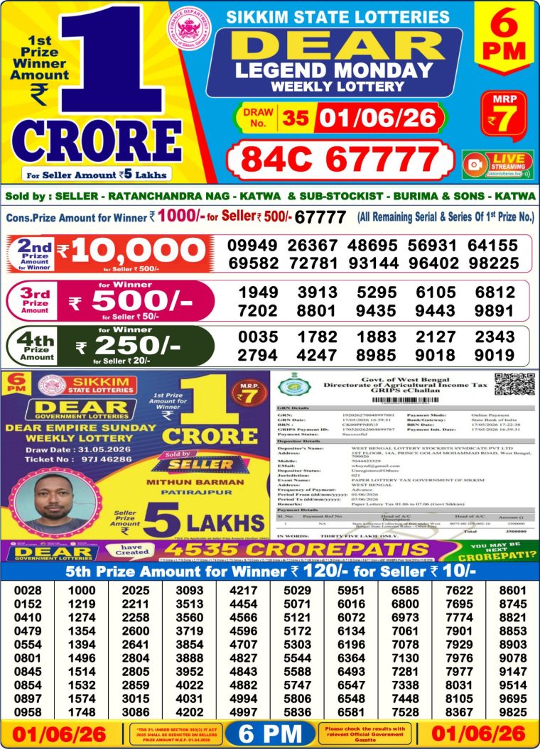 Lottery Result West Bengal 6PM 01-06-2026