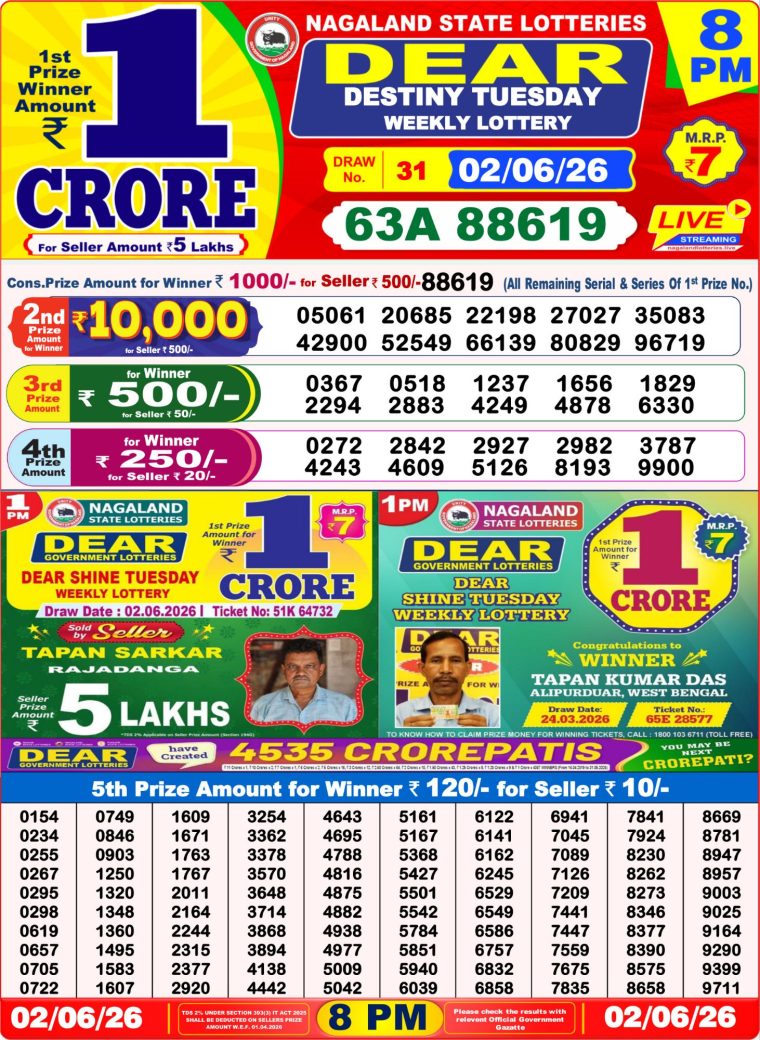 West Bengal Dear Lottery Result 8PM 02-06-2026