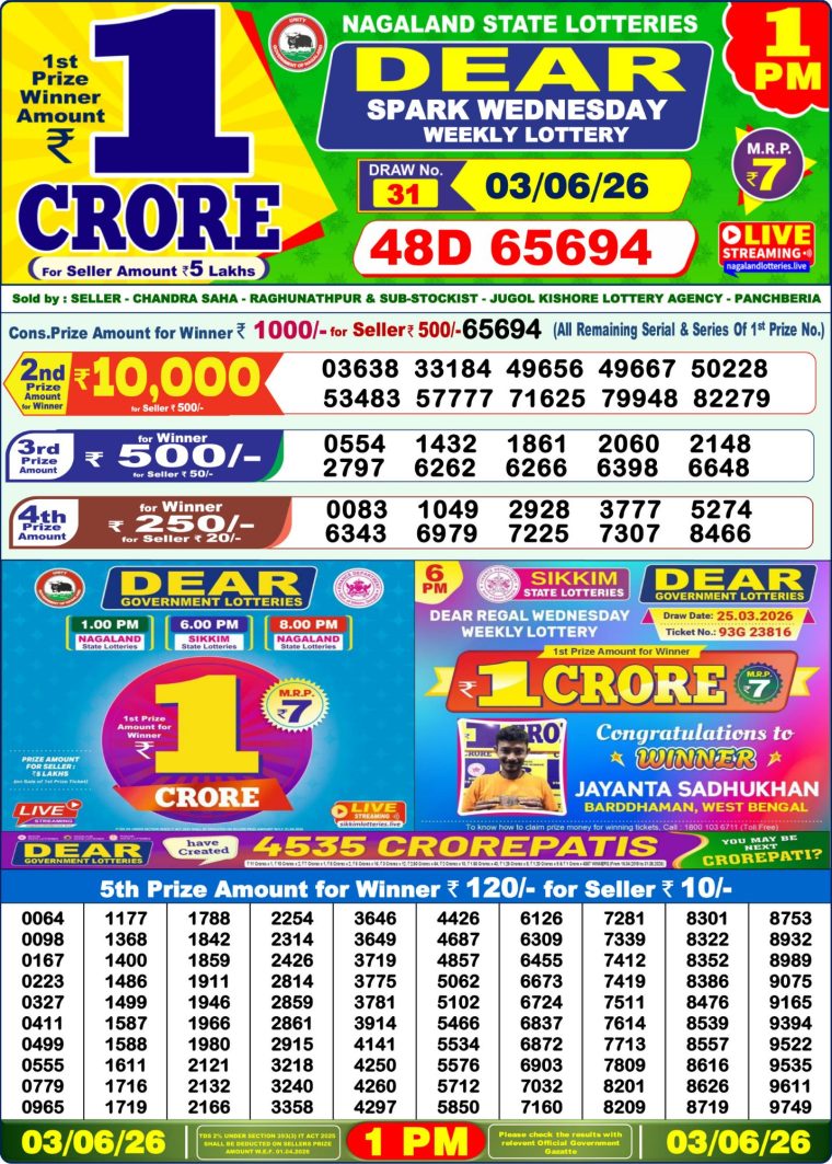 Lottery Sambad West Bengal 1PM Result 03-06-2026