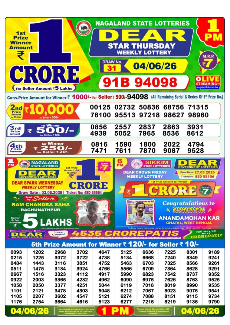 Lottery Sambad West Bengal 1PM Result 04-06-2026