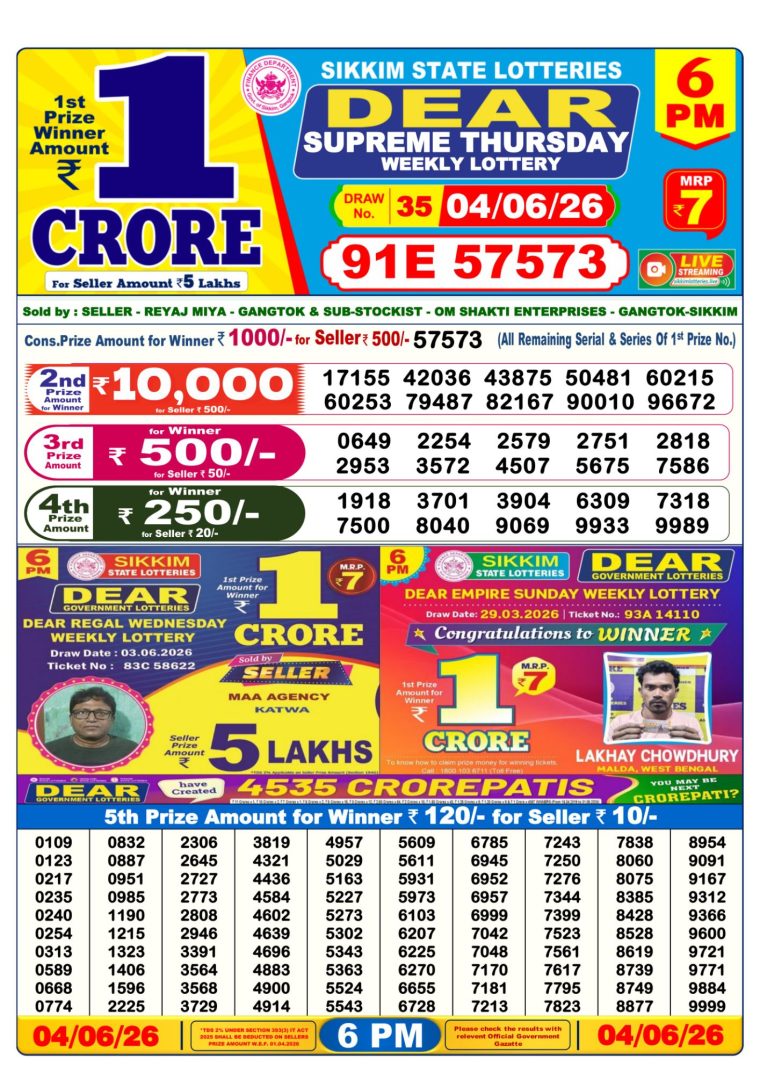 Lottery Result West Bengal 6PM 04-06-2026