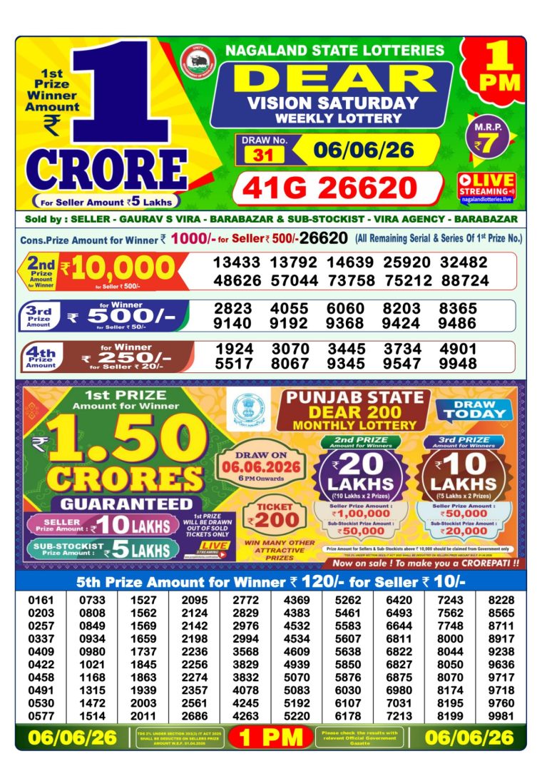 Lottery Sambad West Bengal 1PM Result 06-06-2026
