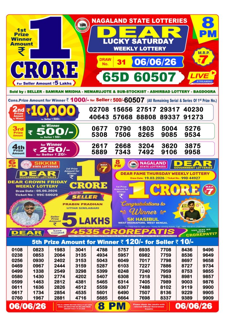 West Bengal Dear Lottery Result 8PM 06-06-2026