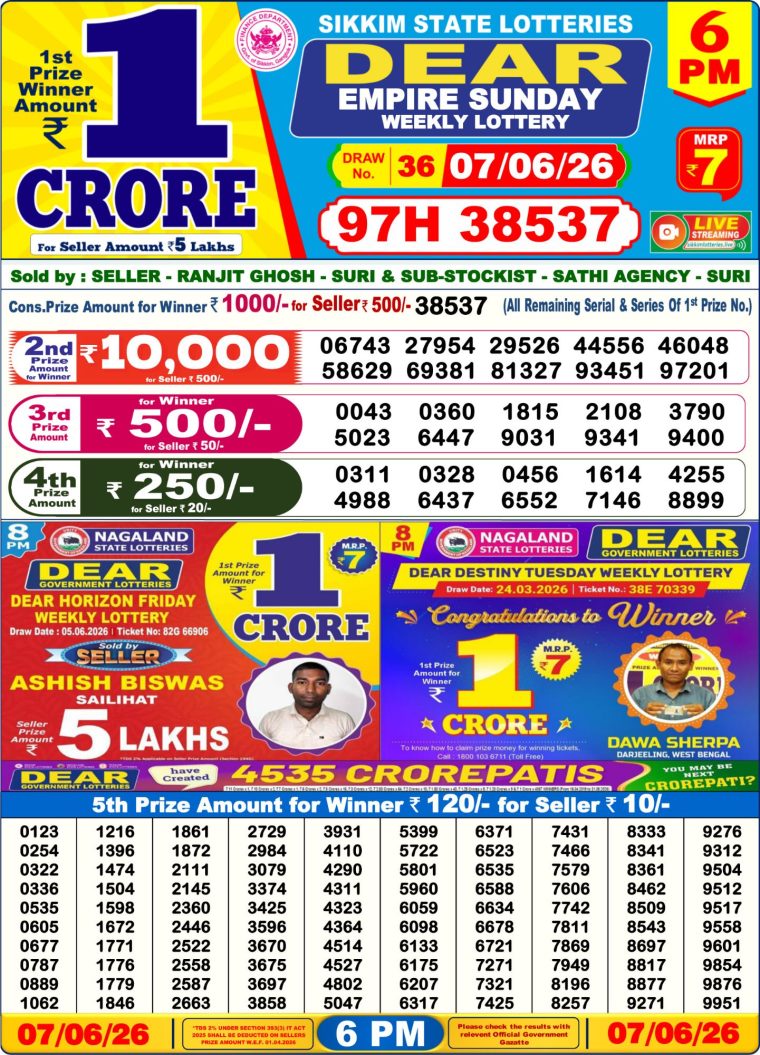 Lottery Result West Bengal 6PM 07-06-2026