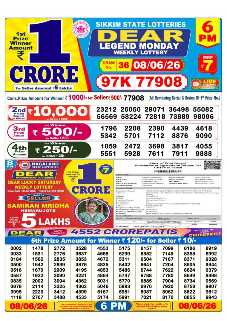 Lottery Result West Bengal 6PM 08-06-2026