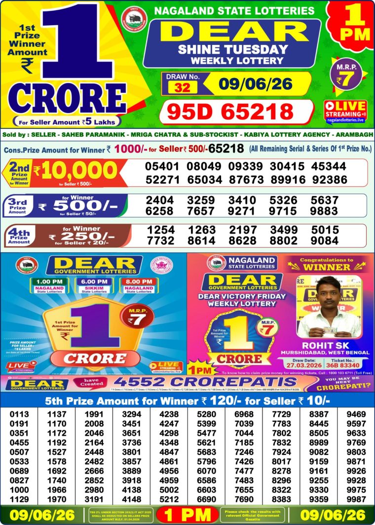 Lottery Sambad West Bengal 1PM Result 09-06-2026