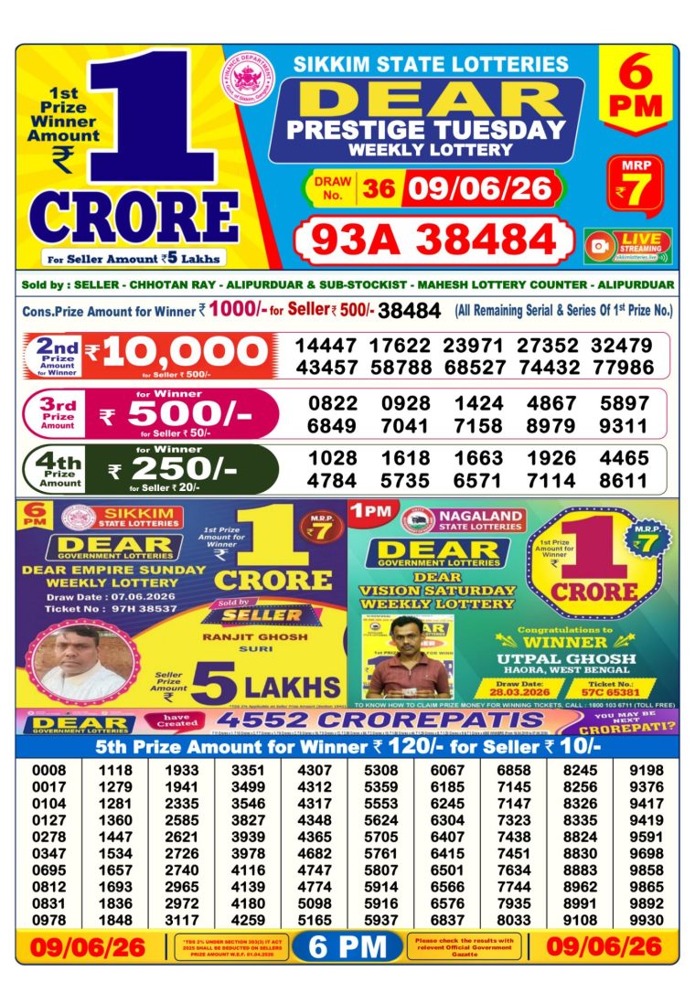 Lottery Result West Bengal 6PM 09-06-2026