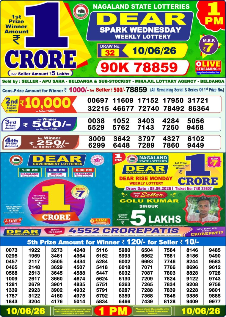 Lottery Sambad West Bengal 1PM Result 10-06-2026