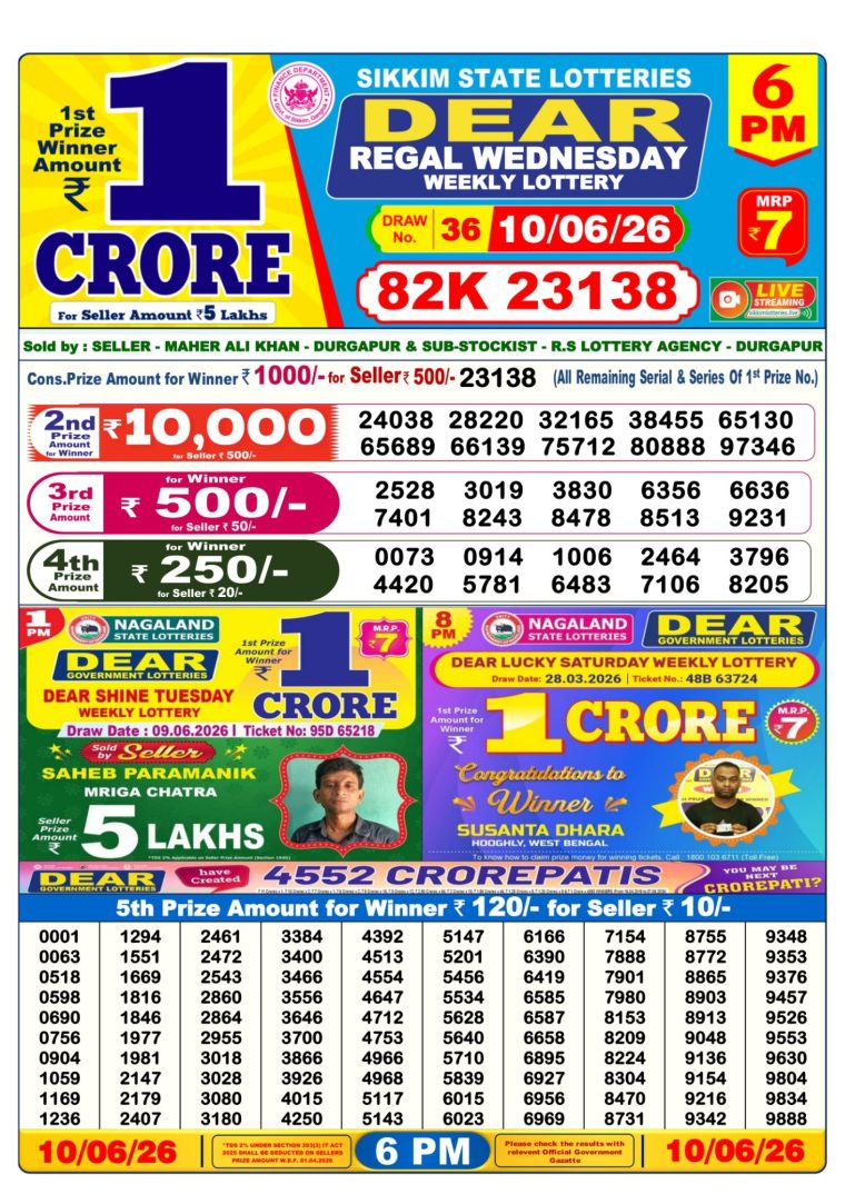 Lottery Result West Bengal 6PM 10-06-2026