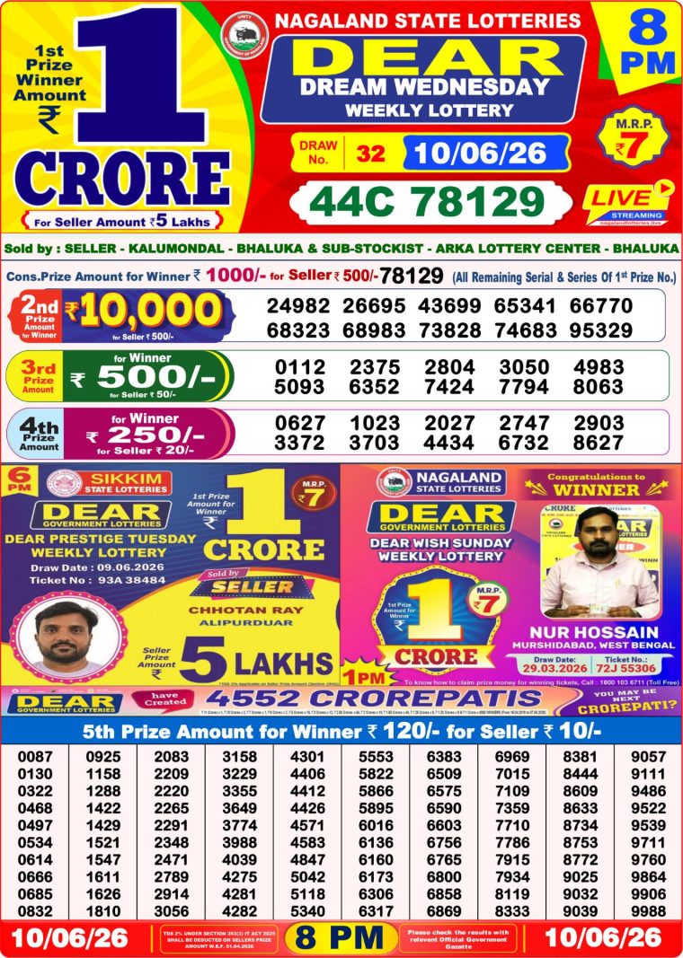 West Bengal Dear Lottery Result 8PM 10-06-2026
