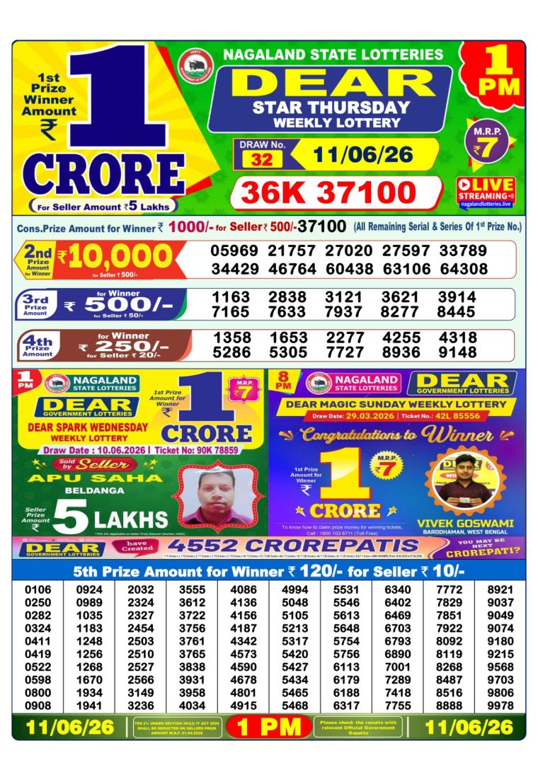 Lottery Sambad West Bengal 1PM Result 11-06-2026