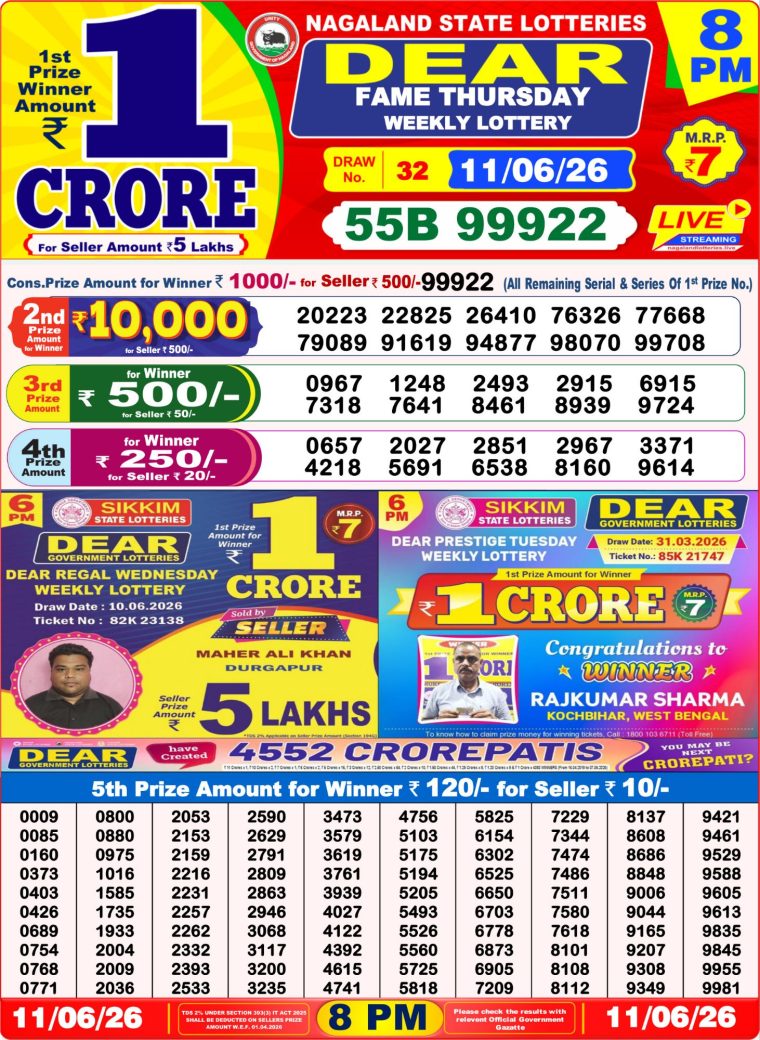 West Bengal Dear Lottery Result 8PM 11-06-2026