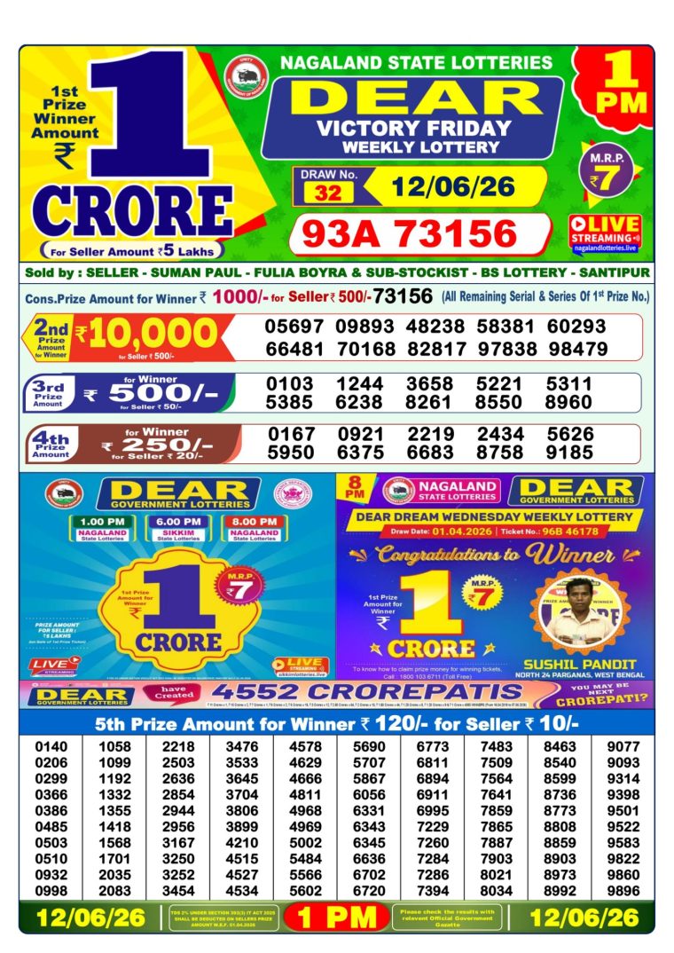 Lottery Sambad West Bengal 1PM Result 12-06-2026