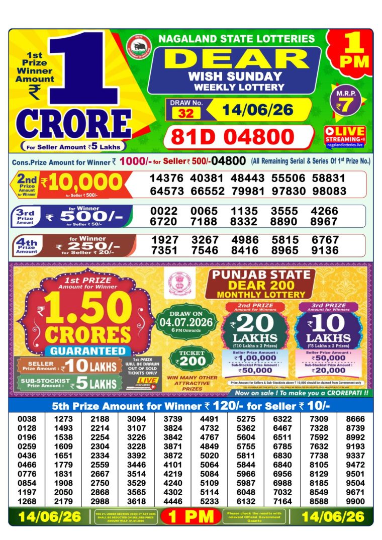 Lottery Sambad West Bengal 1PM Result 14-06-2026