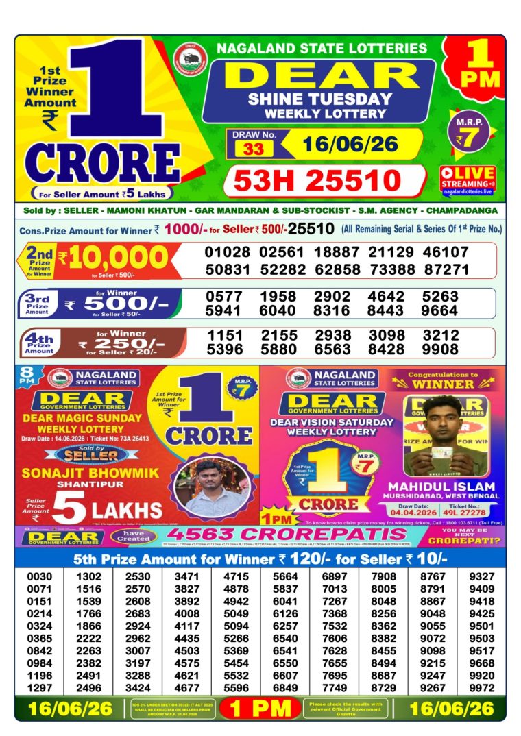 Lottery Sambad West Bengal 1PM Result 16-06-2026