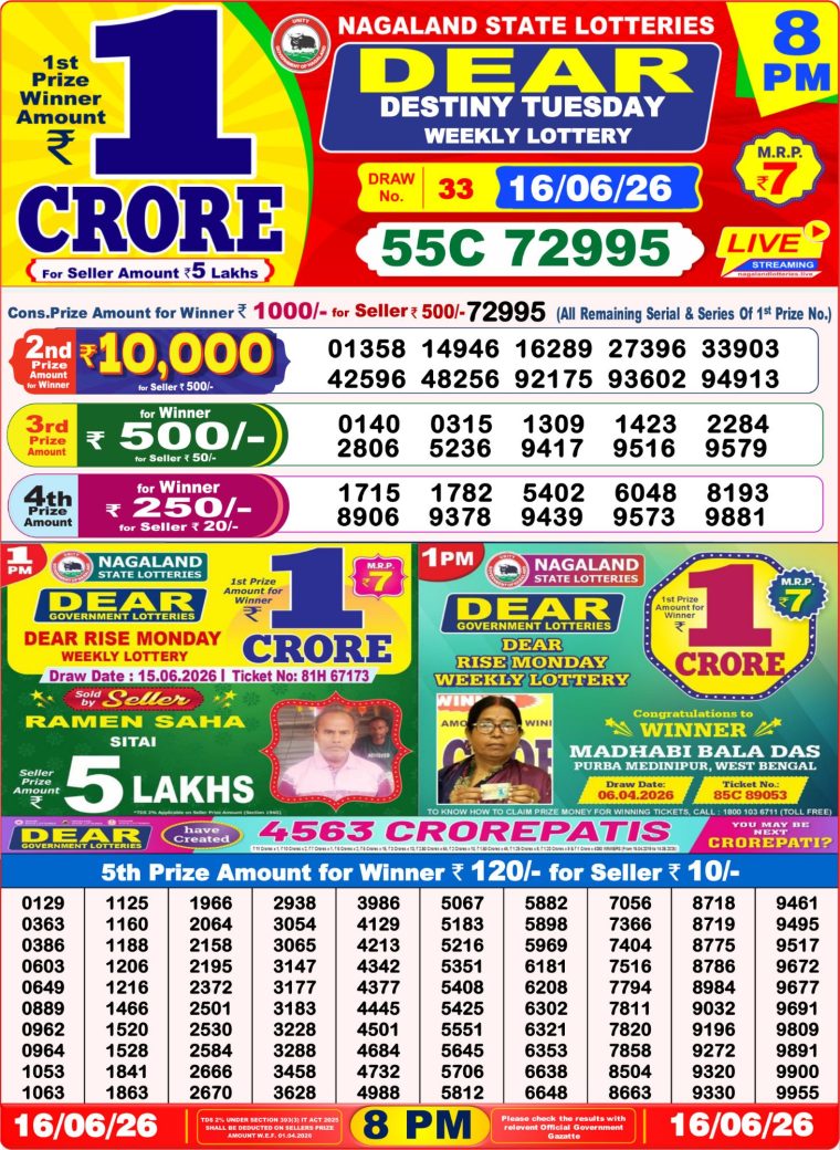 West Bengal Dear Lottery Result 8PM 16-06-2026