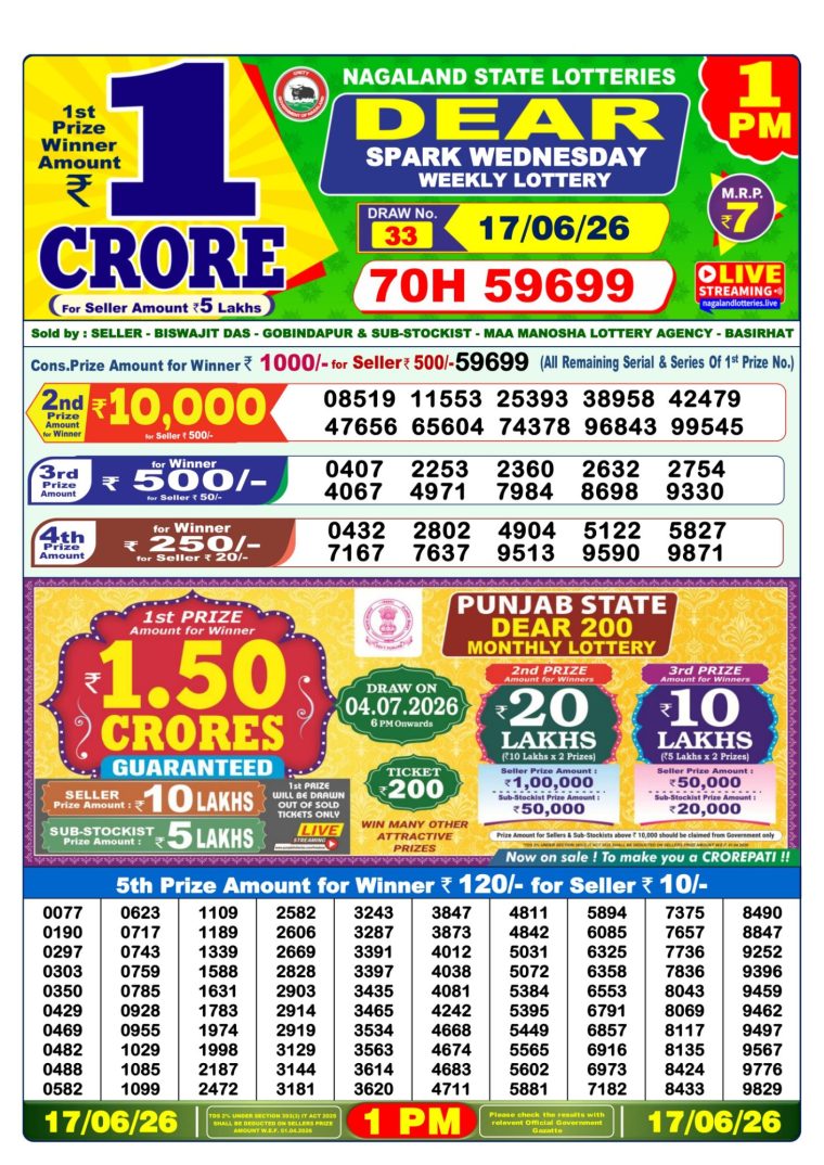 Lottery Sambad West Bengal 1PM Result 17-06-2026