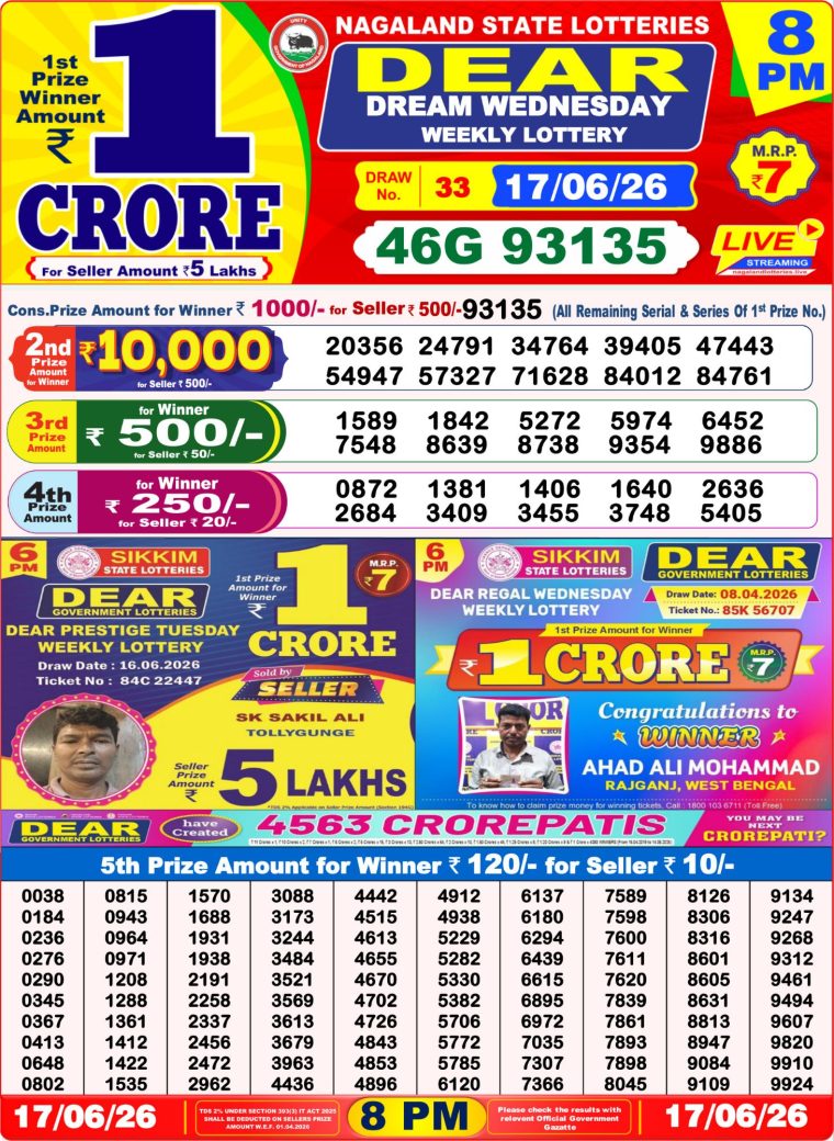 West Bengal Dear Lottery Result 8PM 17-06-2026