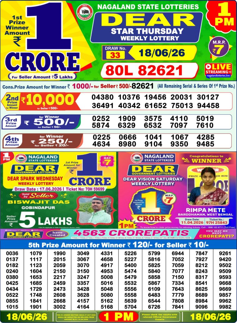 Lottery Sambad West Bengal 1PM Result 18-06-2026