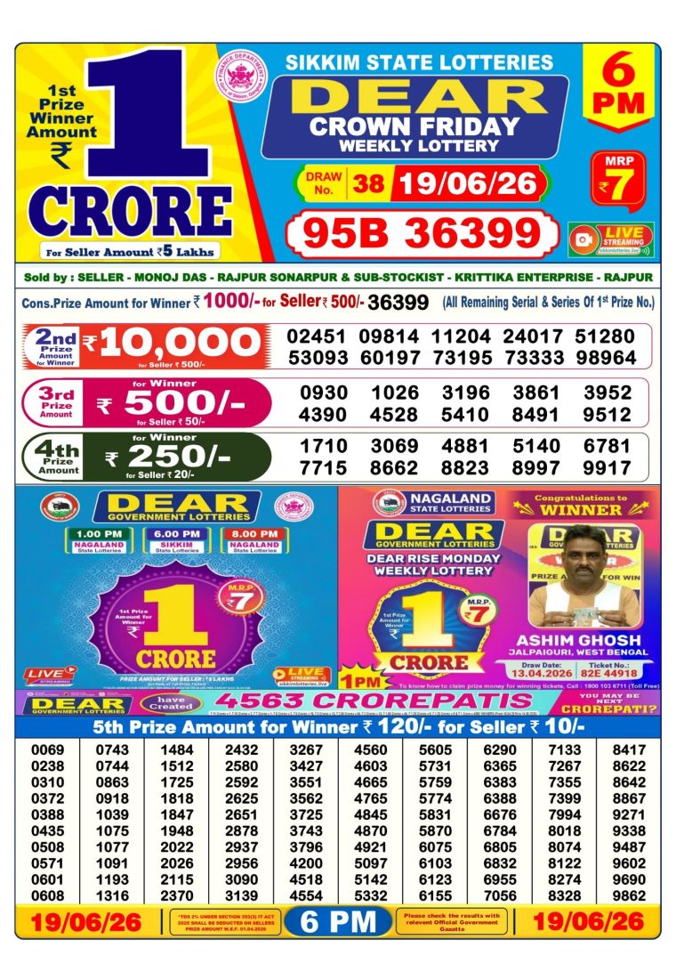 Lottery Result West Bengal 6PM 19-06-2026