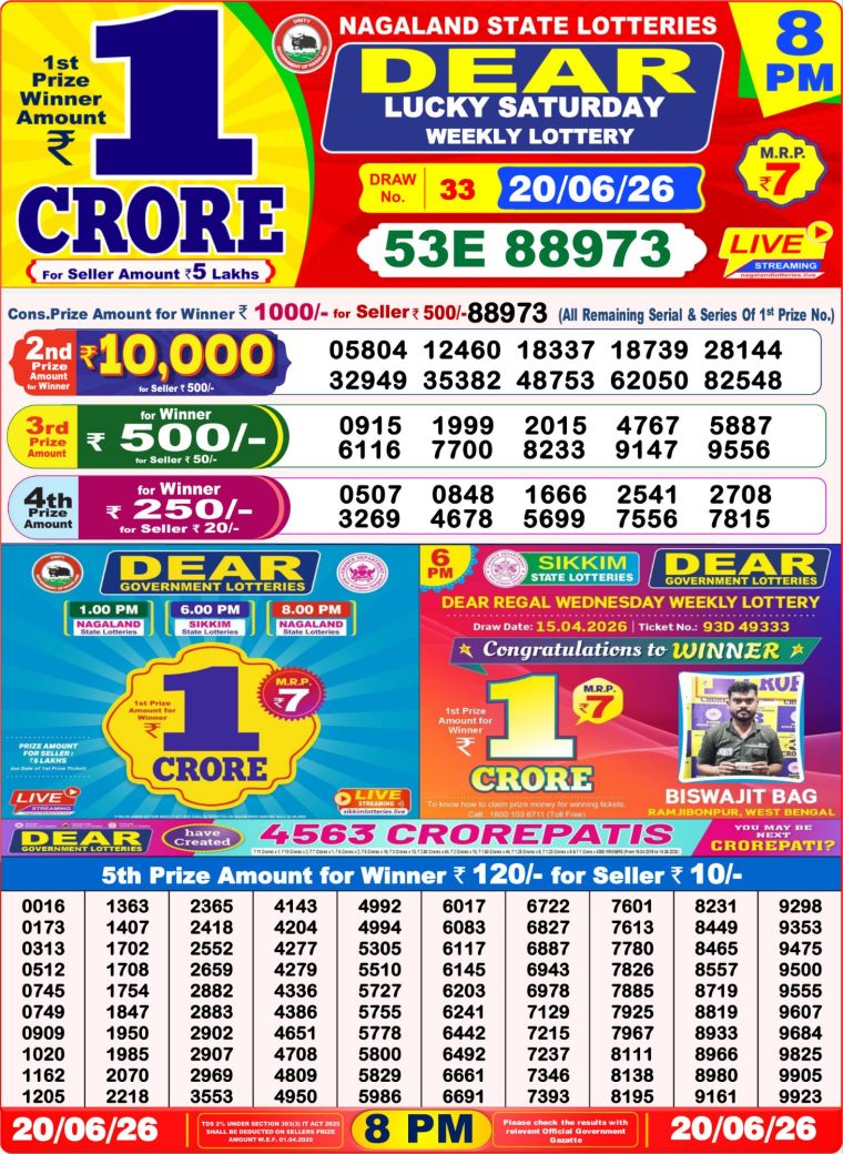 West Bengal Dear Lottery Result 8PM 20-06-2026