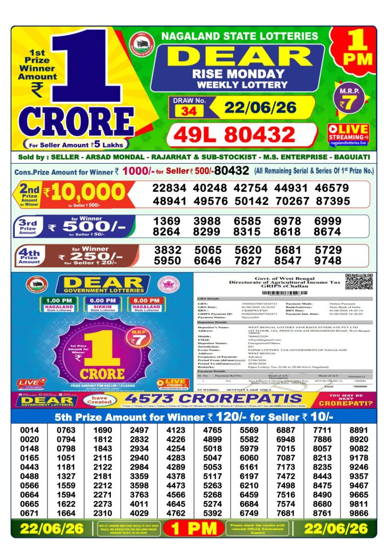 Lottery Sambad West Bengal 1PM Result 22-06-2026