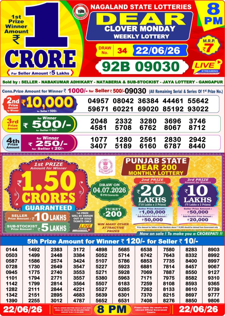 West Bengal Dear Lottery Result 8PM 22-06-2026