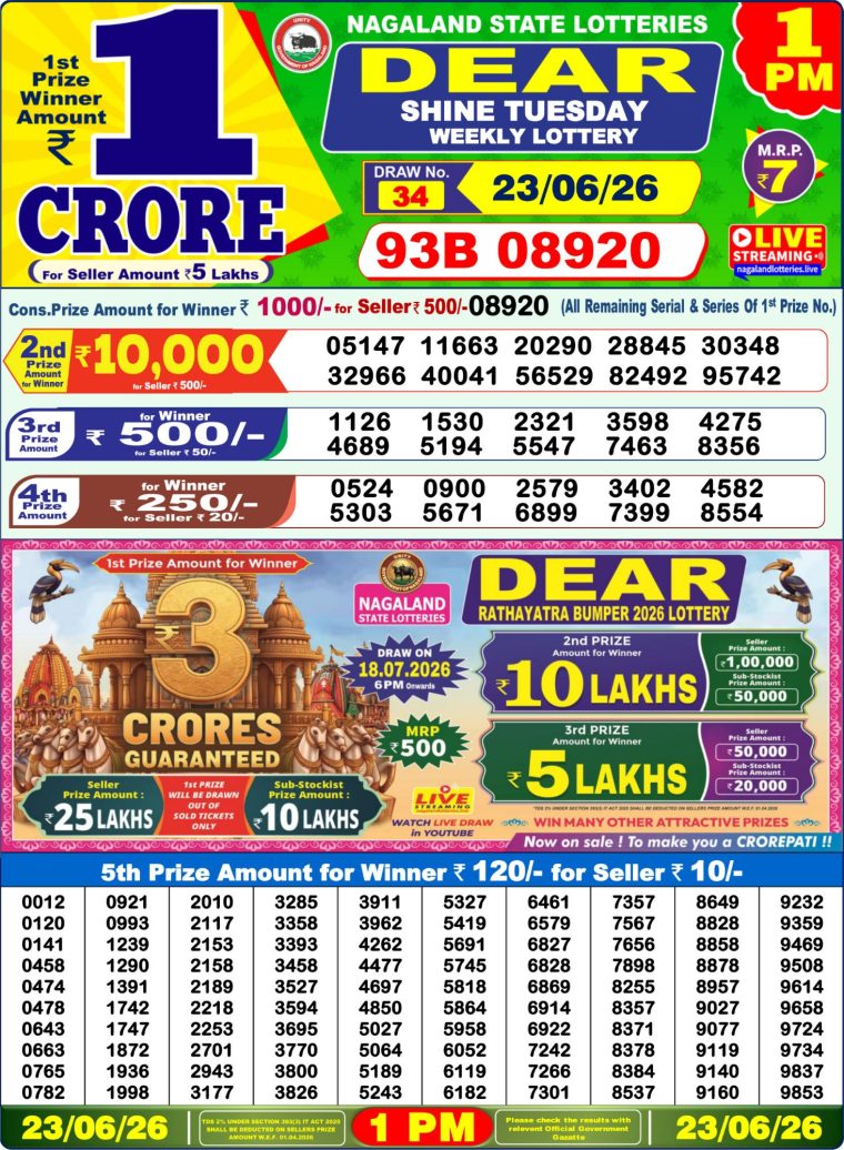Lottery Sambad West Bengal 1PM Result 23-06-2026