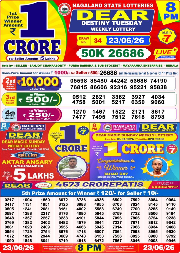 West Bengal Dear Lottery Result 8PM 23-06-2026