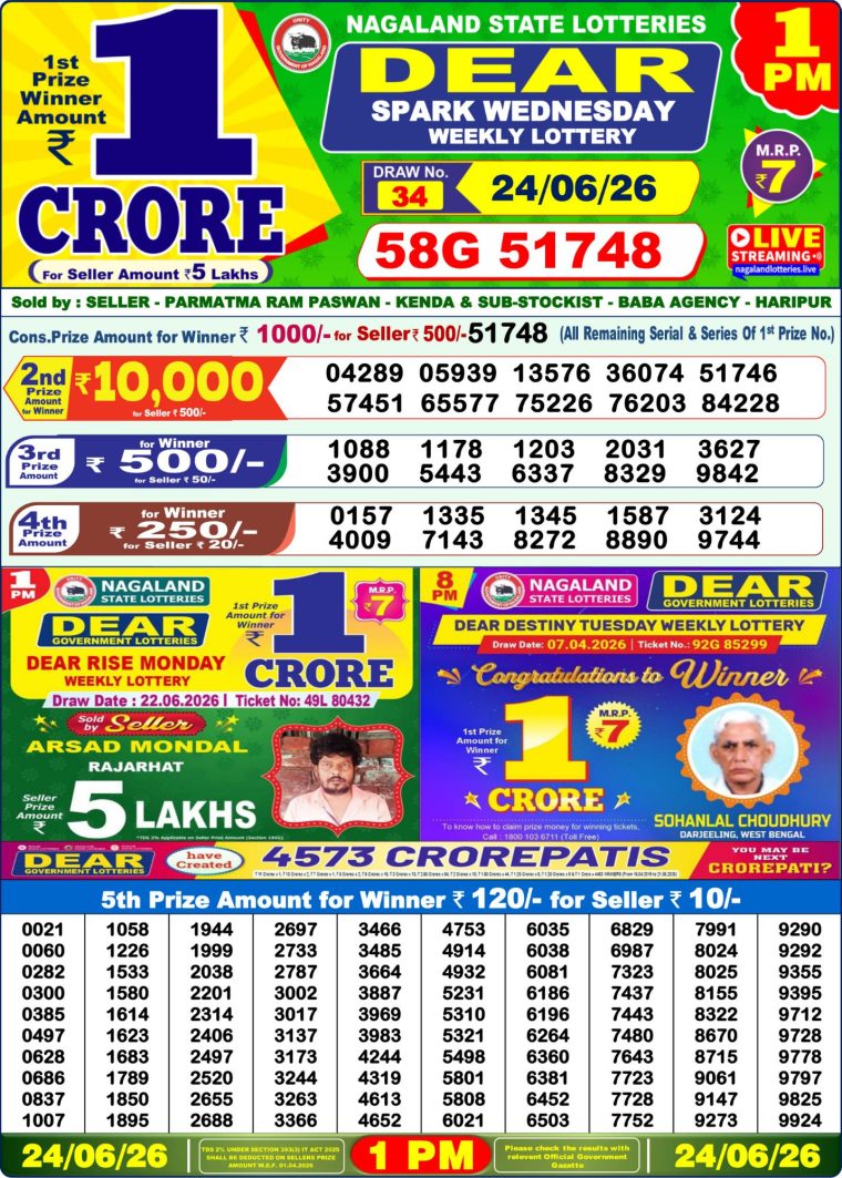 Lottery Sambad West Bengal 1PM Result 24-06-2026