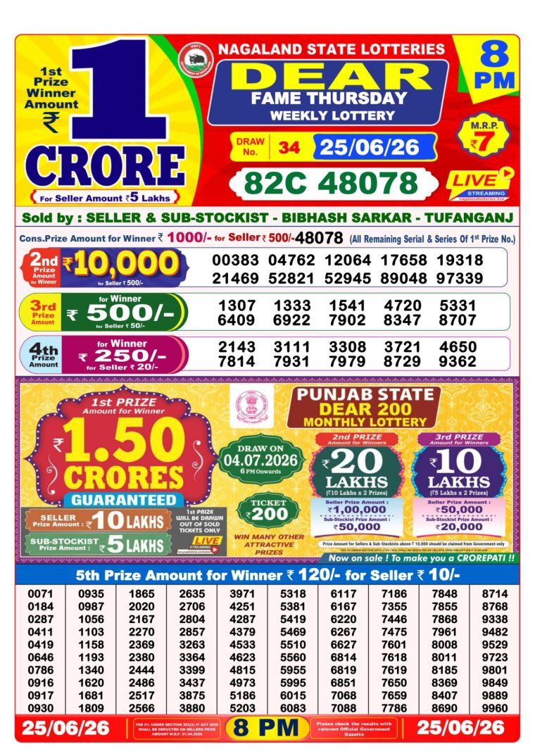 West Bengal Dear Lottery Result 8PM 25-06-2026