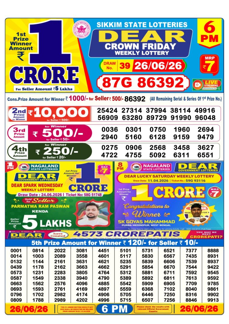 Lottery Result West Bengal 6PM 26-06-2026