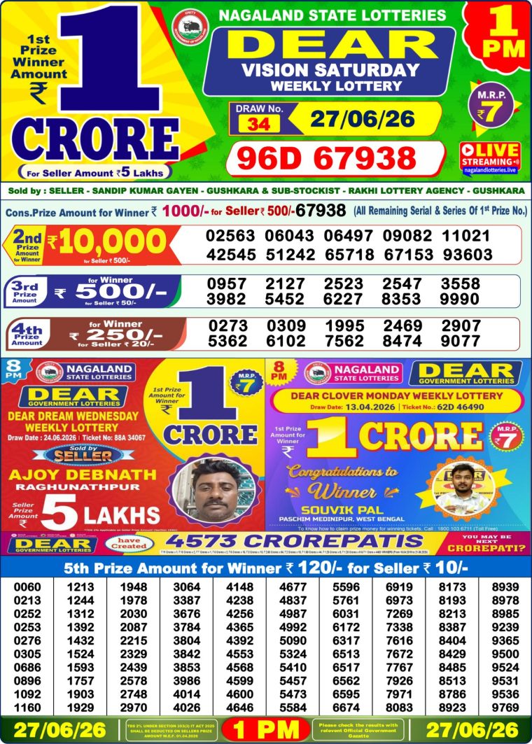 Lottery Sambad West Bengal 1PM Result 27-06-2026