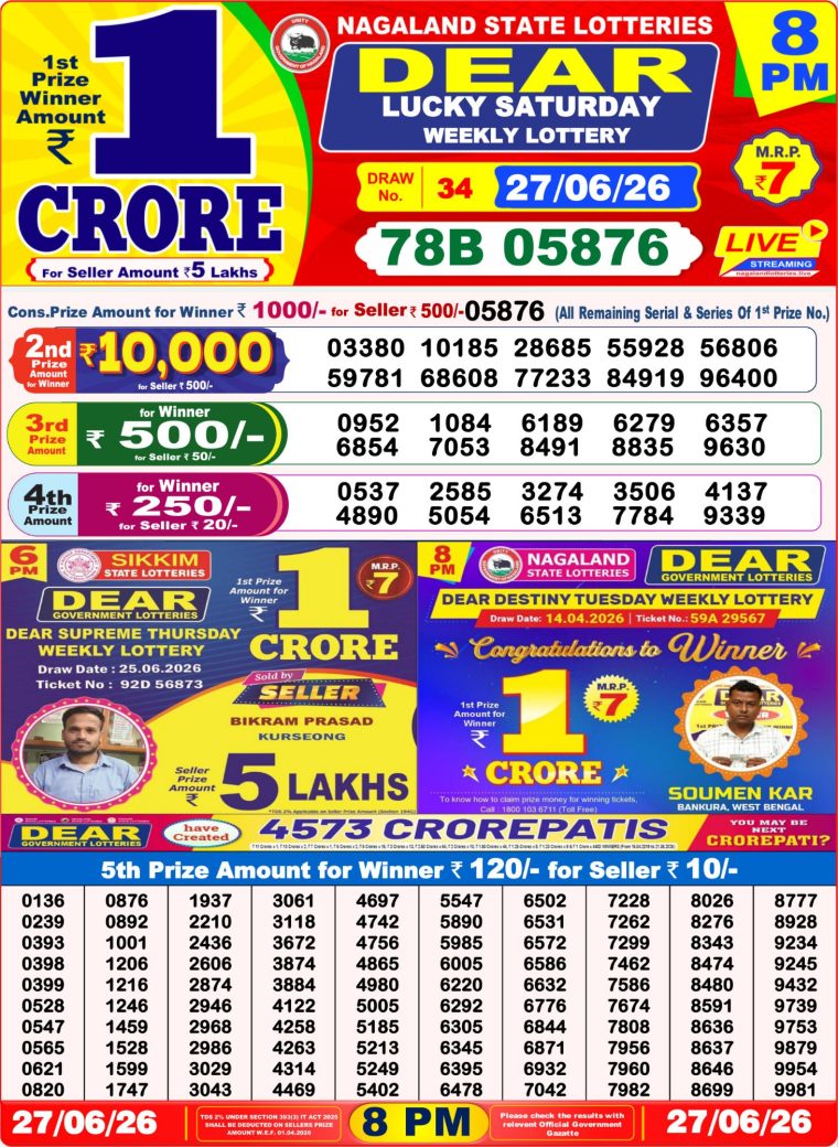 West Bengal Dear Lottery Result 8PM 27-06-2026