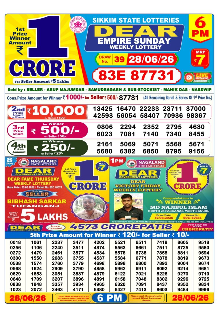 Lottery Result West Bengal 6PM 28-06-2026