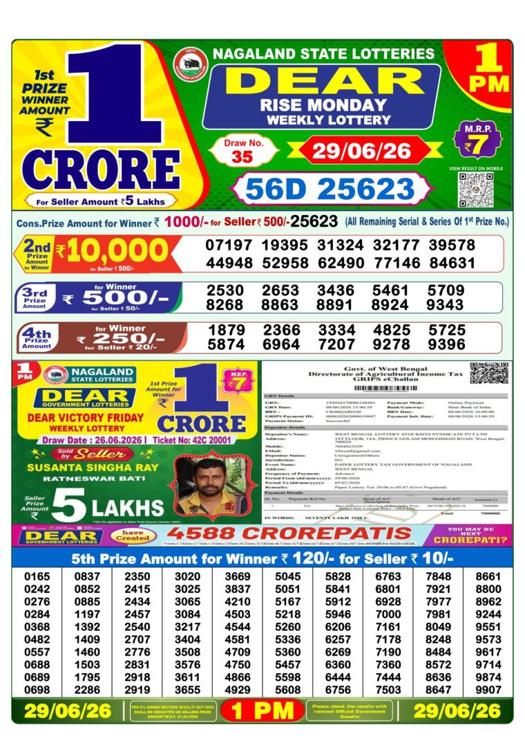 Lottery Sambad West Bengal 1PM Result 29-06-2026