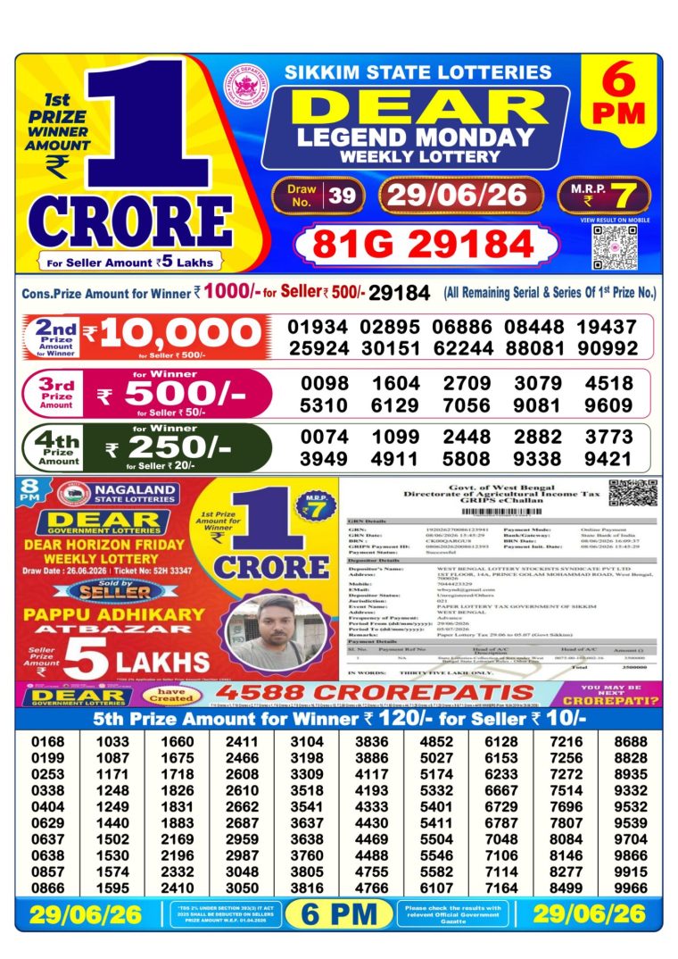 Lottery Result West Bengal 6PM 29-06-2026